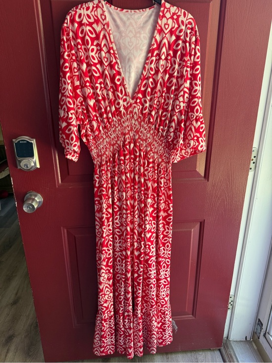 None Dresses & Skirts - Red Printed V-Neck Smocked-Waist Maxi Dress